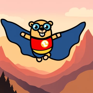 Go Blue Gopher, the superhero, flying above the mountains.