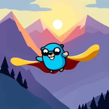 Go Blue Gopher, the superhero, flying above the mountains.
