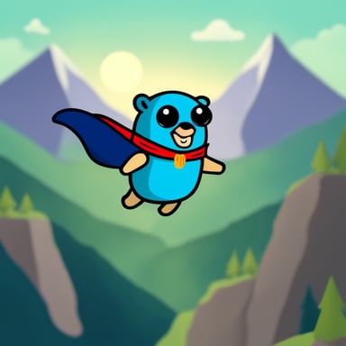 Go Blue Gopher, the superhero, flying above the mountains.