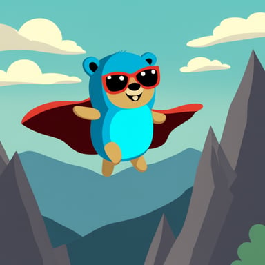 Go Blue Gopher, the superhero, flying above the mountains.