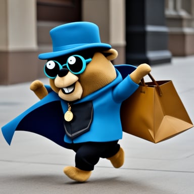 Go Blue Gopher, dressed as a thief with a band over its eyes, running away from a bank with a bag of money.