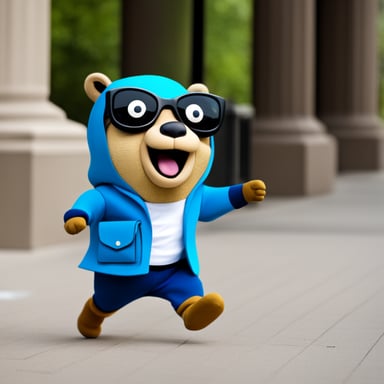 Go Blue Gopher, dressed as a thief with a band over its eyes, running away from a bank with a bag of money.