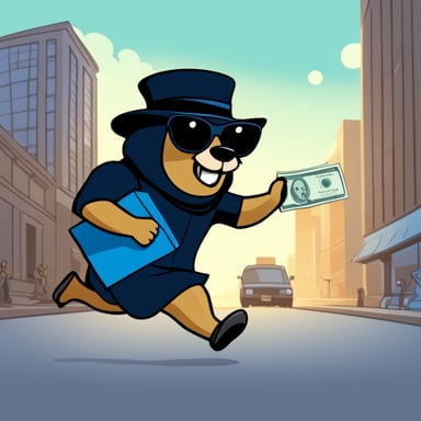 Go Blue Gopher, dressed as a thief with a band over its eyes, running away from a bank with a bag of money.