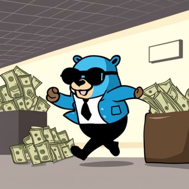 Go Blue Gopher, dressed as a thief with a band over its eyes, running away from a bank with a bag of money.