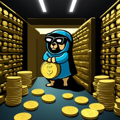 Go Blue Gopher, dressed as a thief, inside a bank vault full of gold coins and bars.