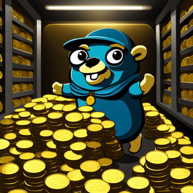 Go Blue Gopher, dressed as a thief, inside a bank vault full of gold coins and bars.