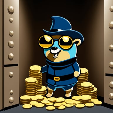 Go Blue Gopher, dressed as a thief, inside a bank vault full of gold coins and bars.