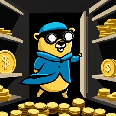 Go Blue Gopher, dressed as a thief, inside a bank vault full of gold coins and bars.