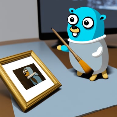 Go Blue Gopher holding a brush painting a frame of Marilena the OpenCV image.