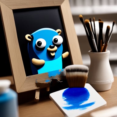 Go Blue Gopher holding a brush painting a frame of Marilena the OpenCV image.