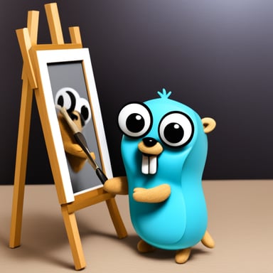 Go Blue Gopher holding a brush painting a frame of Marilena the OpenCV image.