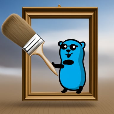 Go Blue Gopher holding a brush painting a frame of Marilena the OpenCV image.