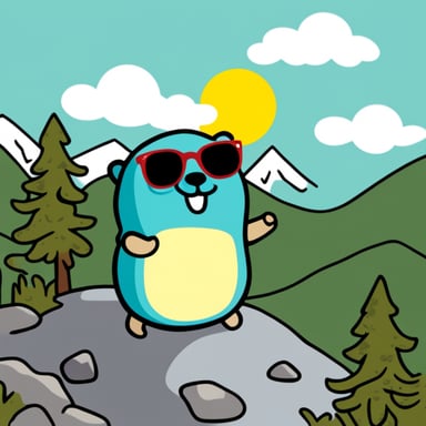 Go blue gopher with sunglasses on a mountain.
