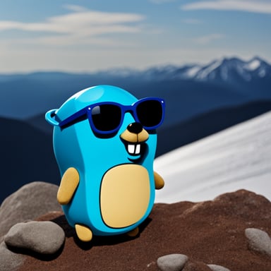 Go blue gopher with sunglasses on a mountain.