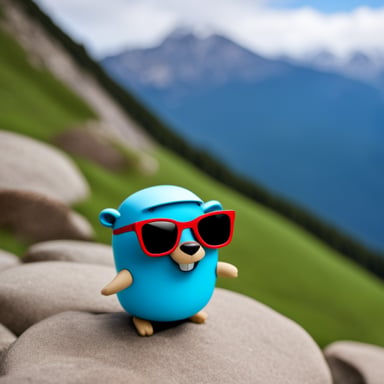 Go blue gopher with sunglasses on a mountain.