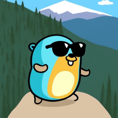 Go blue gopher with sunglasses on a mountain.