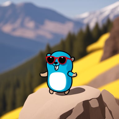 Go blue gopher wearing sunglasses on a mountain