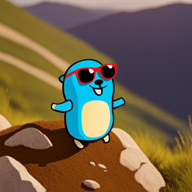 Go blue gopher wearing sunglasses on a mountain