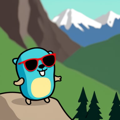 Go blue gopher wearing sunglasses on a mountain