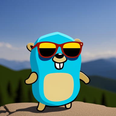 Go blue gopher wearing sunglasses on a mountain
