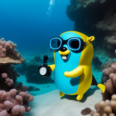 Go Blue Gopher showing magic tricks while scuba diving.
