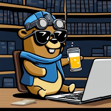 Go blue gopher, wielding power akin to Zeus, grasps a sword in one hand and a laptop in the other, attempting to code and drive while sipping beer.