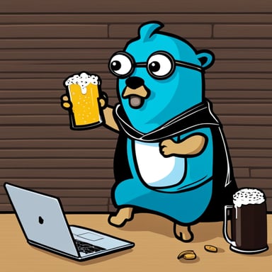 Go blue gopher, wielding power akin to Zeus, grasps a sword in one hand and a laptop in the other, attempting to code and drive while sipping beer.