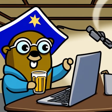 Go blue gopher, wielding power akin to Zeus, grasps a sword in one hand and a laptop in the other, attempting to code and drive while sipping beer.
