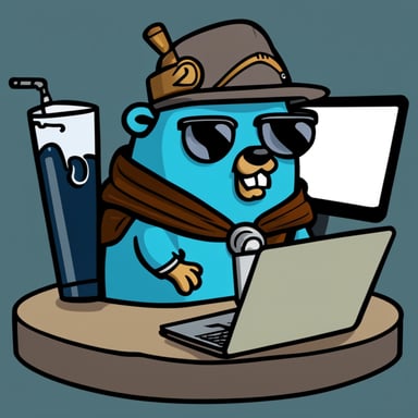 Go blue gopher, wielding power akin to Zeus, grasps a sword in one hand and a laptop in the other, attempting to code and drive while sipping beer.