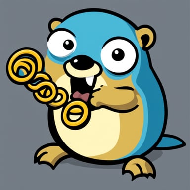 Go blue gopher hungrily devouring a sad python snake, resembling the python logo.