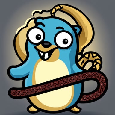 Go blue gopher hungrily devouring a sad python snake, resembling the python logo.