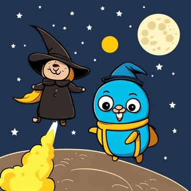 Go Blue Gopher with the nose of a witch who rides a rocket in front of the moon.