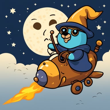 Go Blue Gopher with the nose of a witch who rides a rocket in front of the moon.