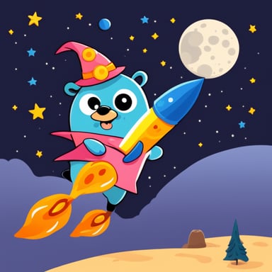 Go Blue Gopher with the nose of a witch who rides a rocket in front of the moon.