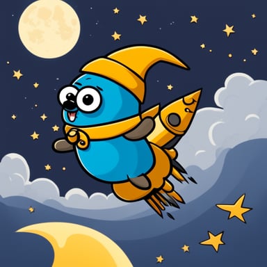 Go Blue Gopher with the nose of a witch who rides a rocket in front of the moon.