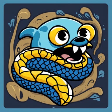 Go Blue Gopher hungrily devouring a large snake that resembles the Python language logo, with the snake's head showing a scared face and featuring the colors from the Python logo.