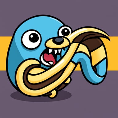 Go Blue Gopher hungrily devouring a large snake that resembles the Python language logo, with the snake's head showing a scared face and featuring the colors from the Python logo.
