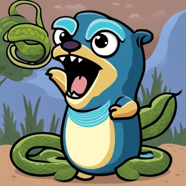 Go Blue Gopher hungrily devours a large snake that looks like the Python language logo, with the snake's head showing a scared face and colored in the Python logo's hues.
