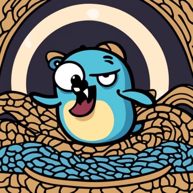 Go Blue Gopher hungrily devours a large snake that looks like the Python language logo, with the snake's head showing a scared face and colored in the Python logo's hues.