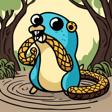 Go Blue Gopher hungrily devours a large snake that looks like the Python language logo, with the snake's head showing a scared face and colored in the Python logo's hues.