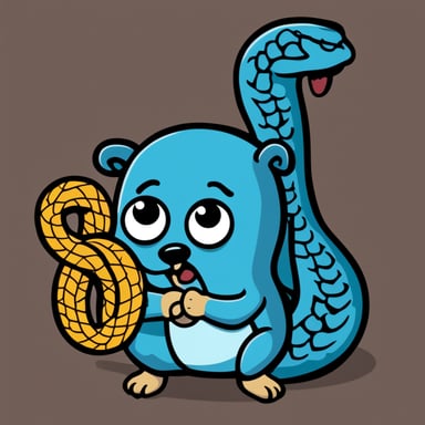 Go Blue Gopher eats the tail of a python snake from the python language logo. The python is almost as large as Go Blue Gopher and has python logo colors and a sad face.