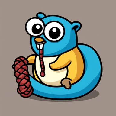Go Blue Gopher eats the tail of a python snake from the python language logo. The python is almost as large as Go Blue Gopher and has python logo colors and a sad face.