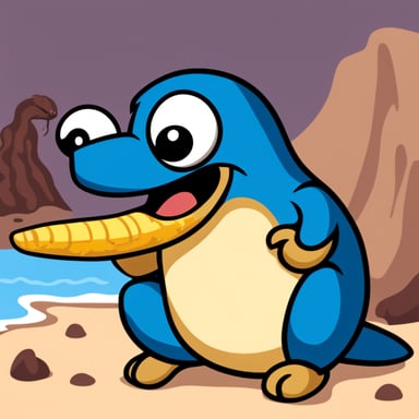 Go Blue Gopher eats the tail of a python snake from the python language logo. The python is almost as large as Go Blue Gopher and has python logo colors and a sad face.