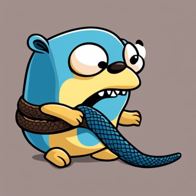 Go Blue Gopher eats the tail of a python snake from the python language logo. The python is almost as large as Go Blue Gopher and has python logo colors and a sad face.