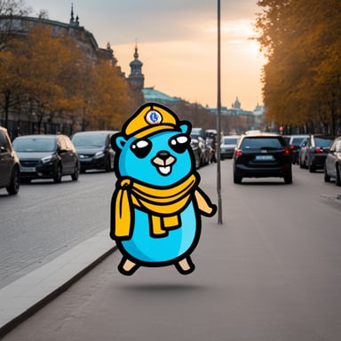 Go Blue Gopher together with a Kubernetes logo sightseeing in Berlin.