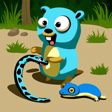 Go Blue Gopher eating a python snake for dinner.