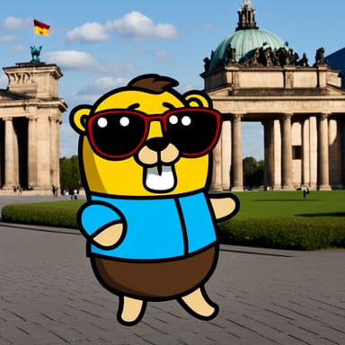 Go blue gopher sightseeing Berlin with a k8s logo.