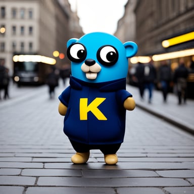 Go blue gopher sightseeing Berlin with a k8s logo.