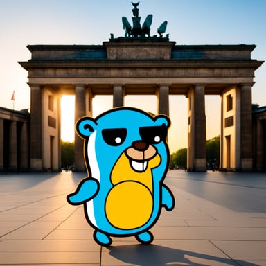 Go blue gopher sightseeing Berlin with a k8s logo.