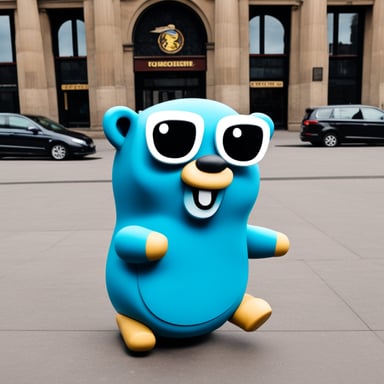 Go blue gopher sightseeing Berlin with a k8s logo.
